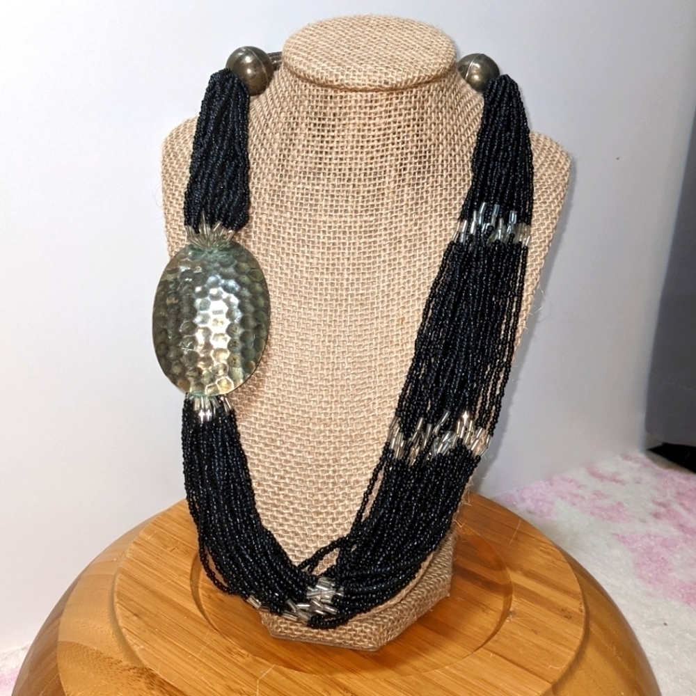 Vintage Layered Black Bead and Silver Statement Necklace